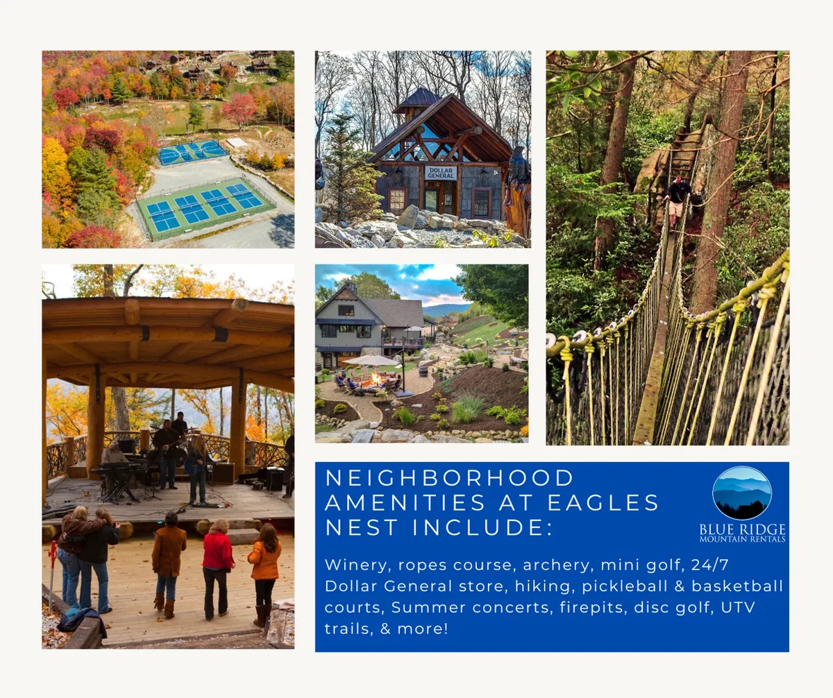 This lively exterior scene features a community ropes course, mini golf area, a concert stage, dining space, and a scenic suspension bridge. There are people engaged in various outdoor activities like hiking, archery, and playing mini golf, conveying a sense of adventure and communal fun against a picturesque backdrop of trees and mountains.